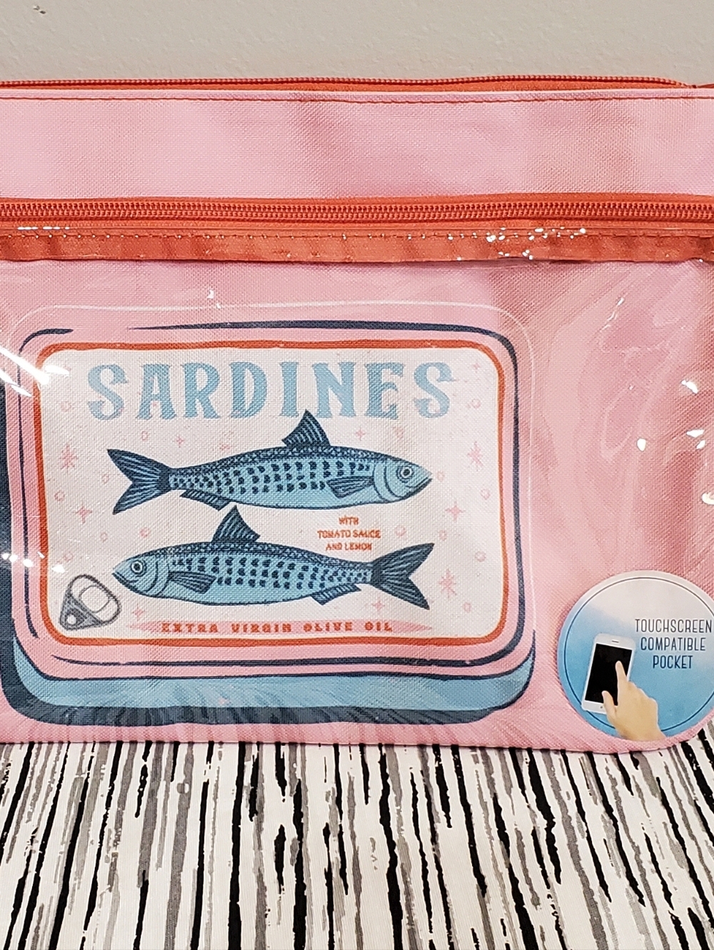 Pink Sardines Swimsuit Sack w/ Clear Front Zipper Pocket Touchscreen Compatible - Picture 3 of 3